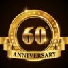 60 years anniversary celebration logotype. Golden anniversary emblem with ribbon. Design for booklet, leaflet, magazine, brochure, poster, web, invitation or greeting card. Vector illustration.