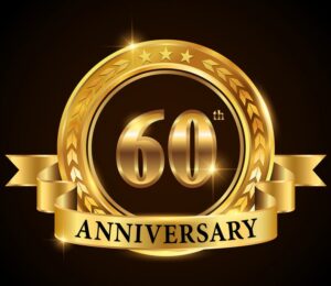 60 years anniversary celebration logotype. Golden anniversary emblem with ribbon. Design for booklet, leaflet, magazine, brochure, poster, web, invitation or greeting card. Vector illustration.